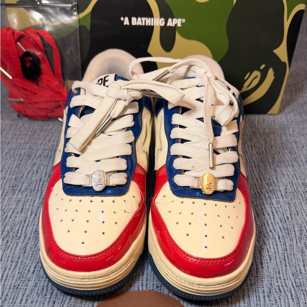 Bape Women's Sneakers in Vibrant Red, blue, and Cream white